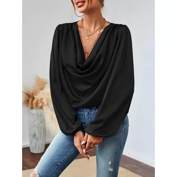 LYANER Women's Casual Satin Silky Draped Cowl Neck Ruched Long Sleeve Blouse Shirt Top