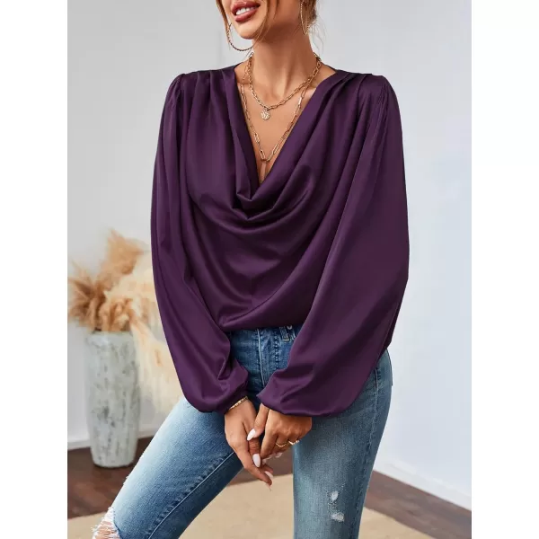 LYANER Women's Casual Satin Silky Draped Cowl Neck Ruched Long Sleeve Blouse Shirt Top