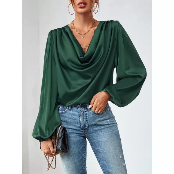 LYANER Women's Casual Satin Silky Draped Cowl Neck Ruched Long Sleeve Blouse Shirt Top