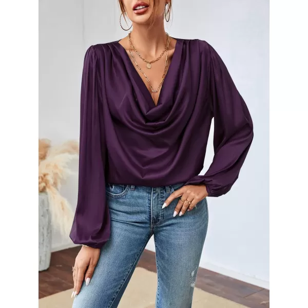 LYANER Women's Casual Satin Silky Draped Cowl Neck Ruched Long Sleeve Blouse Shirt Top