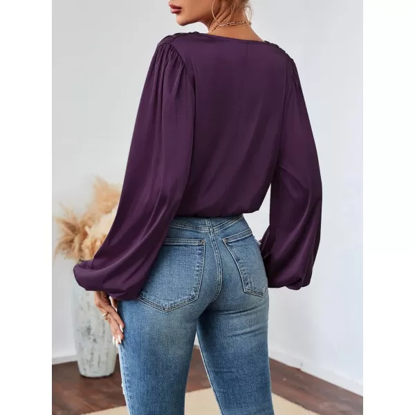 LYANER Women's Casual Satin Silky Draped Cowl Neck Ruched Long Sleeve Blouse Shirt Top