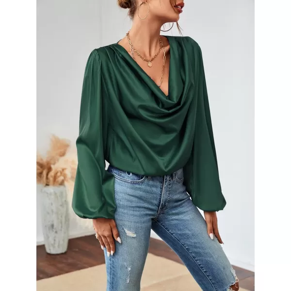 LYANER Women's Casual Satin Silky Draped Cowl Neck Ruched Long Sleeve Blouse Shirt Top