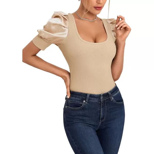 LYANER Women's Casual Scoop Neck Satin Puff Short Sleeve Ribbed Top Blouse Tee Shirt