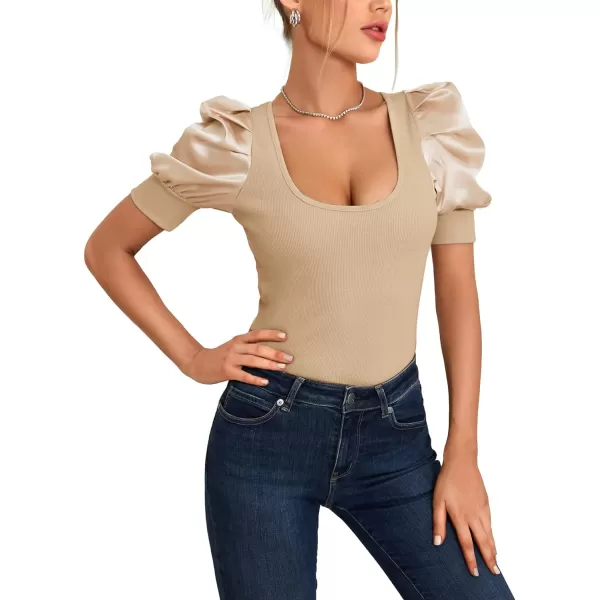LYANER Women's Casual Scoop Neck Satin Puff Short Sleeve Ribbed Top Blouse Tee Shirt