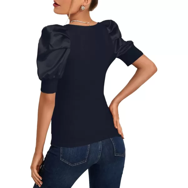 LYANER Women's Casual Scoop Neck Satin Puff Short Sleeve Ribbed Top Blouse Tee Shirt