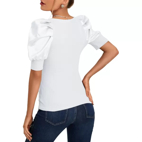 LYANER Women's Casual Scoop Neck Satin Puff Short Sleeve Ribbed Top Blouse Tee Shirt
