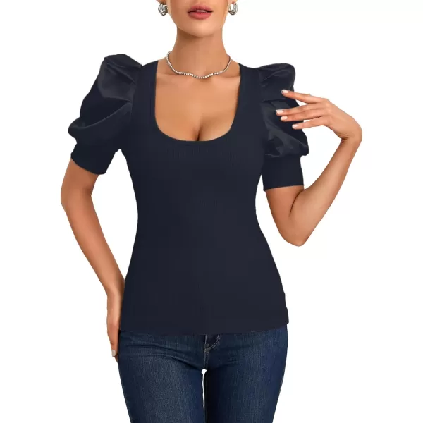 LYANER Women's Casual Scoop Neck Satin Puff Short Sleeve Ribbed Top Blouse Tee Shirt