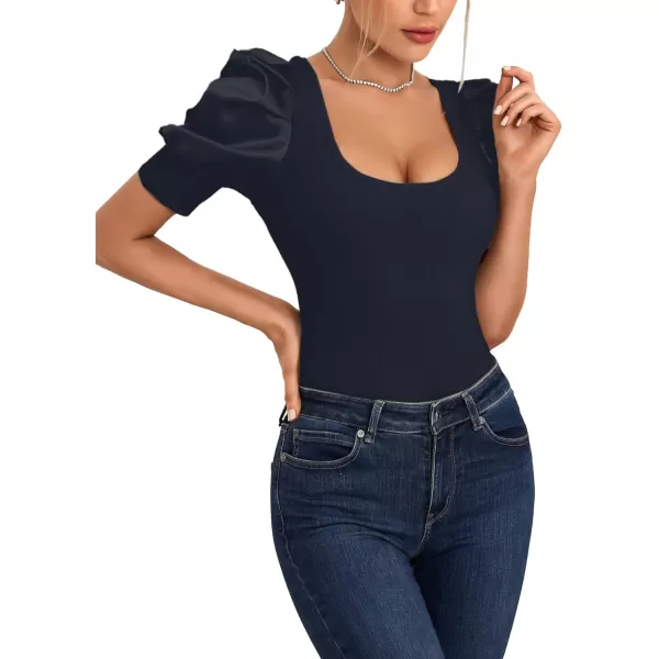 LYANER Women's Casual Scoop Neck Satin Puff Short Sleeve Ribbed Top Blouse Tee Shirt