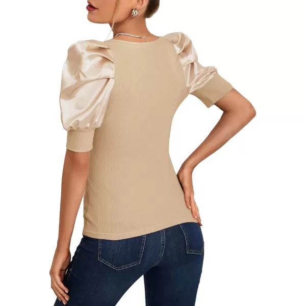 LYANER Women's Casual Scoop Neck Satin Puff Short Sleeve Ribbed Top Blouse Tee Shirt