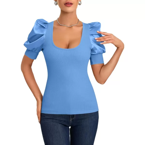 LYANER Women's Casual Scoop Neck Satin Puff Short Sleeve Ribbed Top Blouse Tee Shirt
