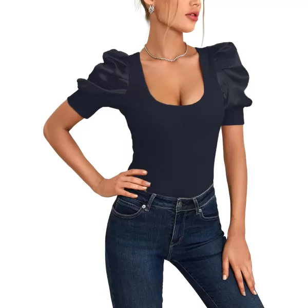 LYANER Women's Casual Scoop Neck Satin Puff Short Sleeve Ribbed Top Blouse Tee Shirt