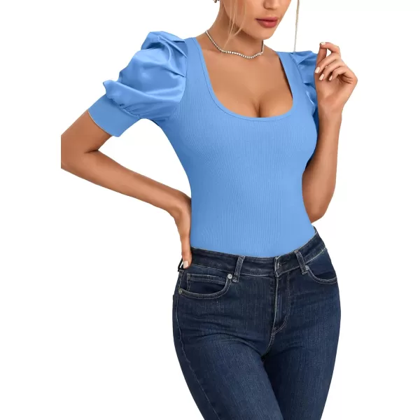 LYANER Women's Casual Scoop Neck Satin Puff Short Sleeve Ribbed Top Blouse Tee Shirt