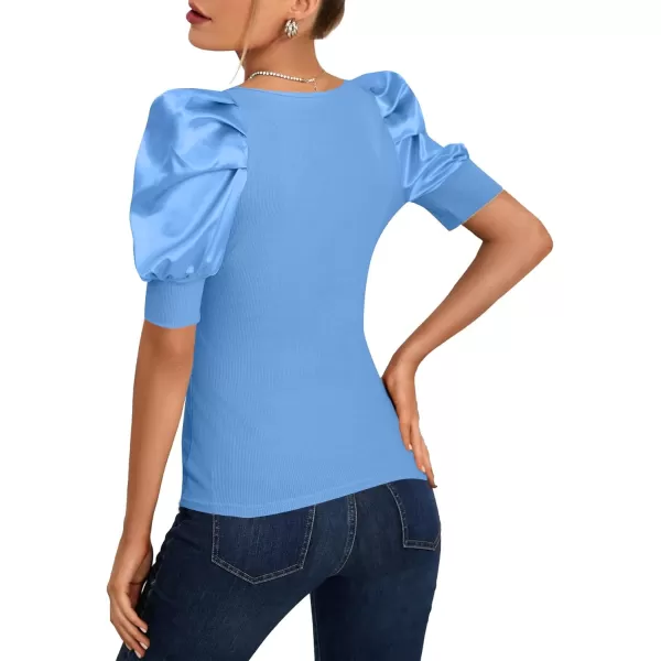 LYANER Women's Casual Scoop Neck Satin Puff Short Sleeve Ribbed Top Blouse Tee Shirt
