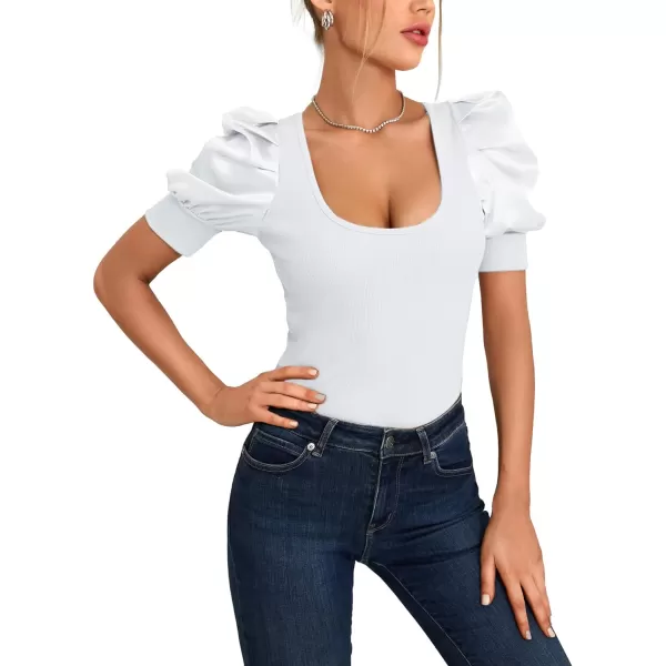 LYANER Women's Casual Scoop Neck Satin Puff Short Sleeve Ribbed Top Blouse Tee Shirt