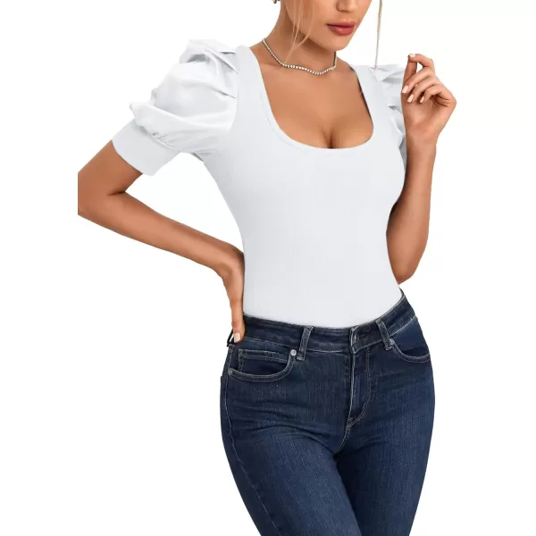 LYANER Women's Casual Scoop Neck Satin Puff Short Sleeve Ribbed Top Blouse Tee Shirt