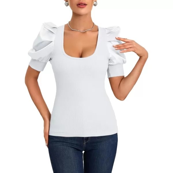 LYANER Women's Casual Scoop Neck Satin Puff Short Sleeve Ribbed Top Blouse Tee Shirt