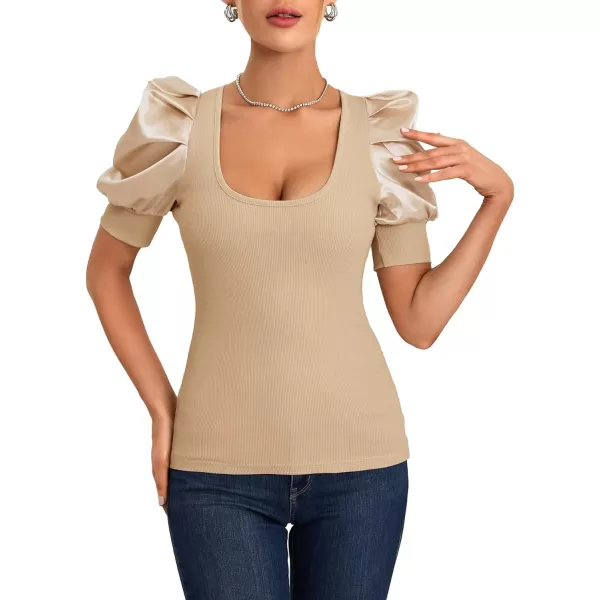 LYANER Women's Casual Scoop Neck Satin Puff Short Sleeve Ribbed Top Blouse Tee Shirt