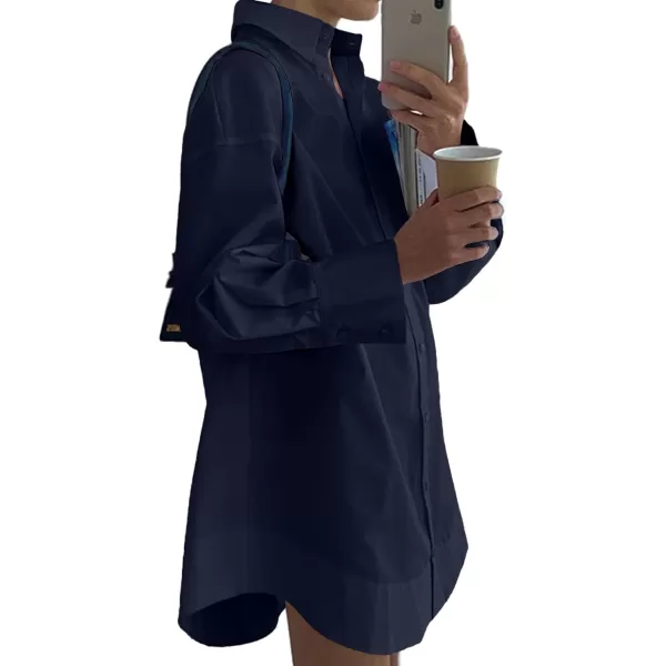 LYANER Women's Casual Shirt Dress Collar V Neck Button Down Loose Long Sleeve Mini Dresses