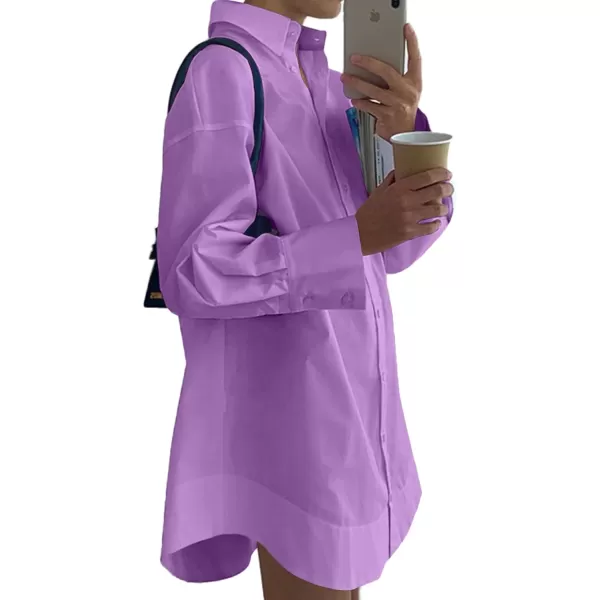 LYANER Women's Casual Shirt Dress Collar V Neck Button Down Loose Long Sleeve Mini Dresses