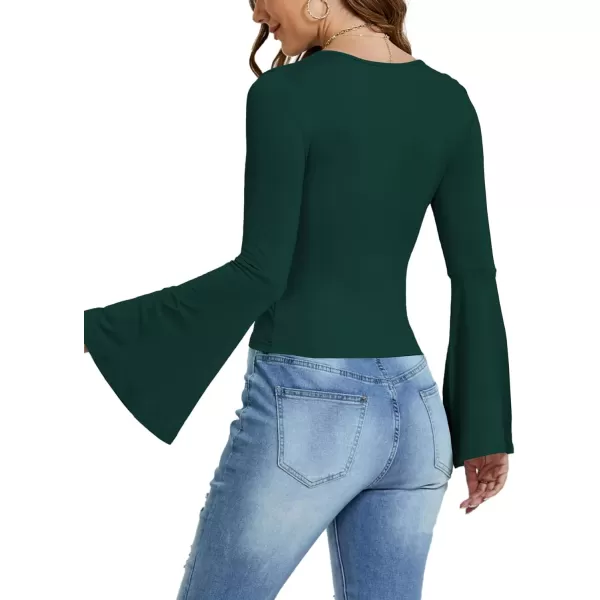 LYANER Women's Casual Solid Square U Neck Bell Long Sleeve Skinny Tee Shirt Top