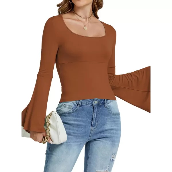 LYANER Women's Casual Solid Square U Neck Bell Long Sleeve Skinny Tee Shirt Top