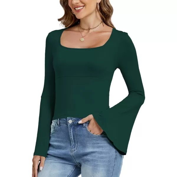 LYANER Women's Casual Solid Square U Neck Bell Long Sleeve Skinny Tee Shirt Top