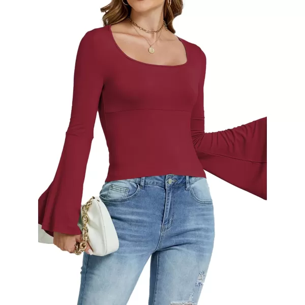 LYANER Women's Casual Solid Square U Neck Bell Long Sleeve Skinny Tee Shirt Top