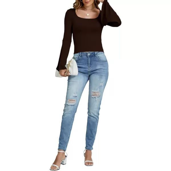 LYANER Women's Casual Solid Square U Neck Bell Long Sleeve Skinny Tee Shirt Top