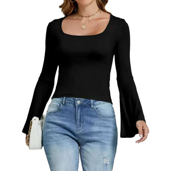LYANER Women's Casual Solid Square U Neck Bell Long Sleeve Skinny Tee Shirt Top