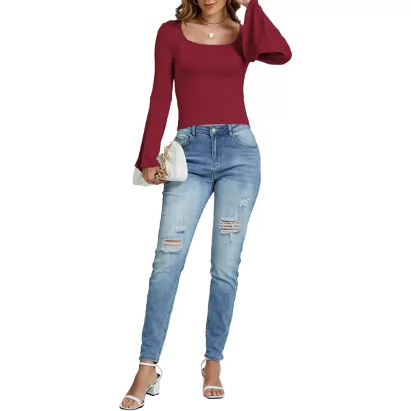 LYANER Women's Casual Solid Square U Neck Bell Long Sleeve Skinny Tee Shirt Top