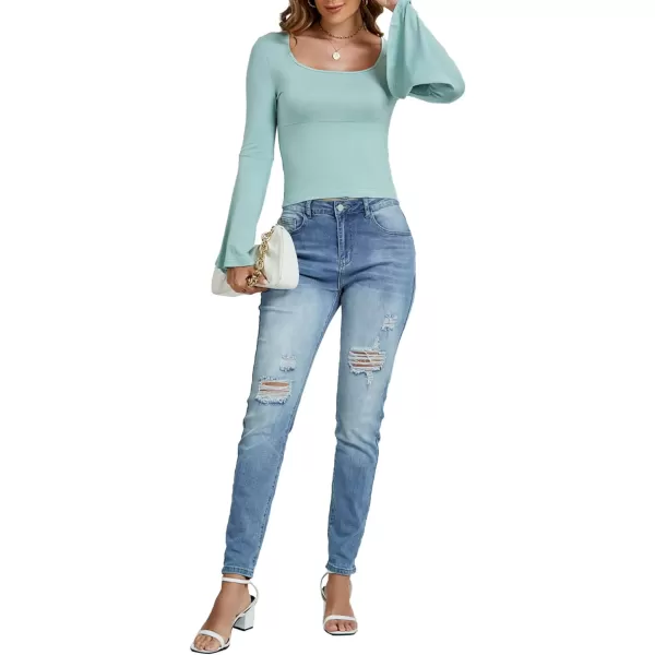 LYANER Women's Casual Solid Square U Neck Bell Long Sleeve Skinny Tee Shirt Top