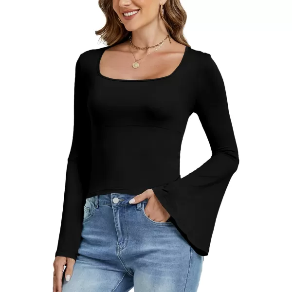 LYANER Women's Casual Solid Square U Neck Bell Long Sleeve Skinny Tee Shirt Top