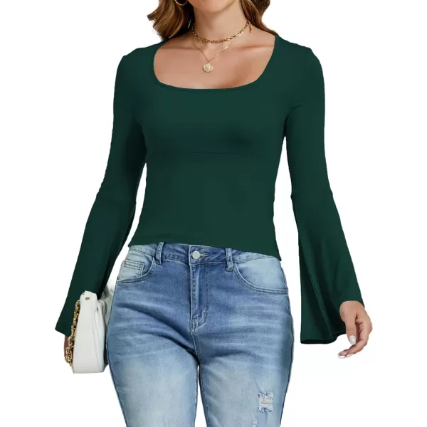 LYANER Women's Casual Solid Square U Neck Bell Long Sleeve Skinny Tee Shirt Top