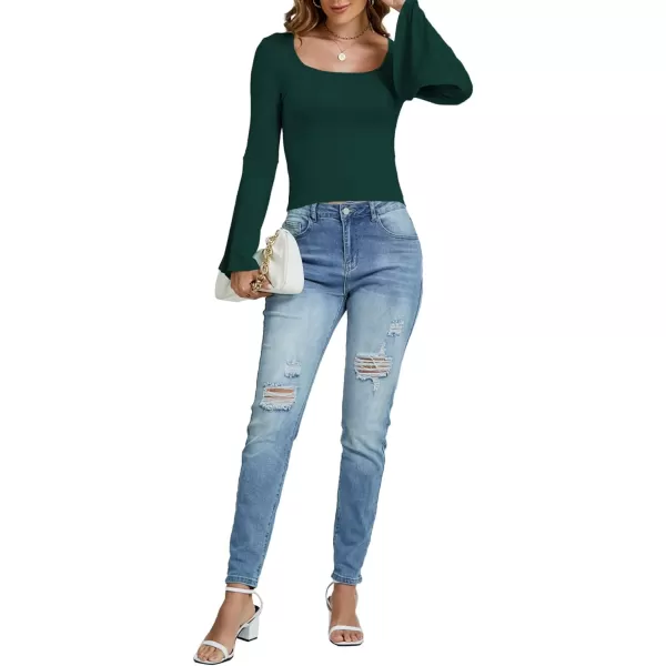 LYANER Women's Casual Solid Square U Neck Bell Long Sleeve Skinny Tee Shirt Top