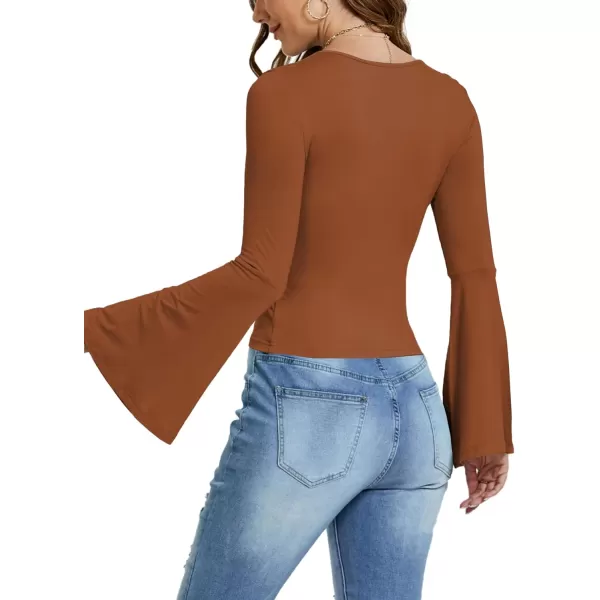 LYANER Women's Casual Solid Square U Neck Bell Long Sleeve Skinny Tee Shirt Top