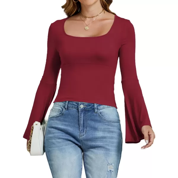 LYANER Women's Casual Solid Square U Neck Bell Long Sleeve Skinny Tee Shirt Top