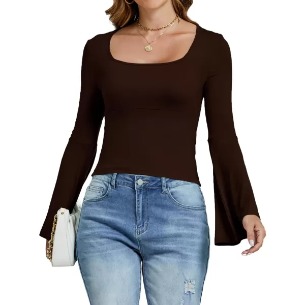 LYANER Women's Casual Solid Square U Neck Bell Long Sleeve Skinny Tee Shirt Top