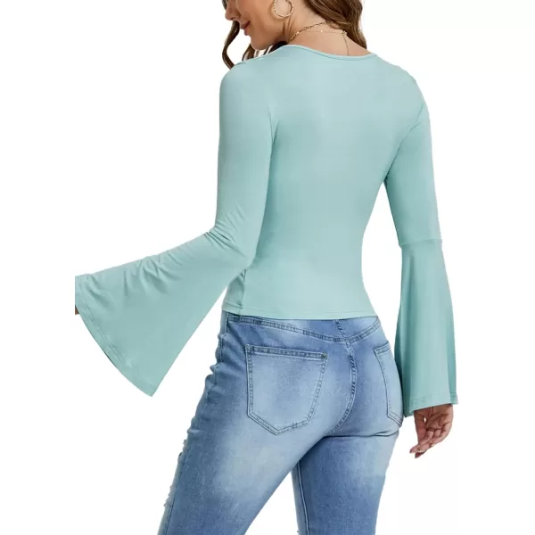 LYANER Women's Casual Solid Square U Neck Bell Long Sleeve Skinny Tee Shirt Top