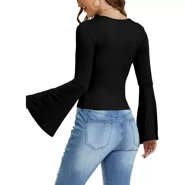 LYANER Women's Casual Solid Square U Neck Bell Long Sleeve Skinny Tee Shirt Top