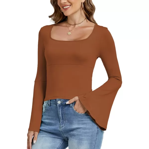 LYANER Women's Casual Solid Square U Neck Bell Long Sleeve Skinny Tee Shirt Top