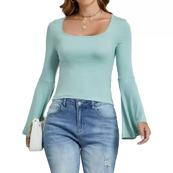 LYANER Women's Casual Solid Square U Neck Bell Long Sleeve Skinny Tee Shirt Top