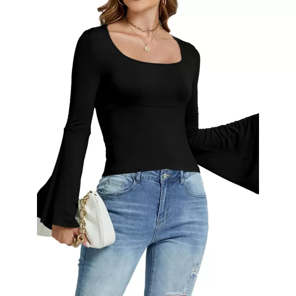 LYANER Women's Casual Solid Square U Neck Bell Long Sleeve Skinny Tee Shirt Top