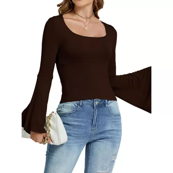 LYANER Women's Casual Solid Square U Neck Bell Long Sleeve Skinny Tee Shirt Top