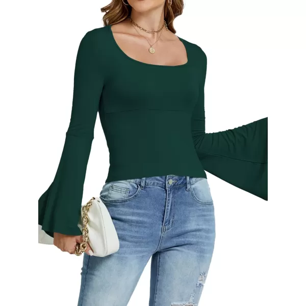 LYANER Women's Casual Solid Square U Neck Bell Long Sleeve Skinny Tee Shirt Top