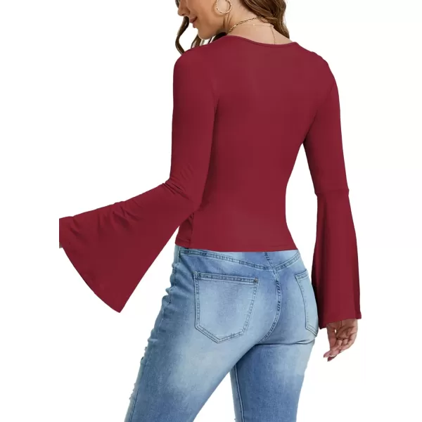 LYANER Women's Casual Solid Square U Neck Bell Long Sleeve Skinny Tee Shirt Top