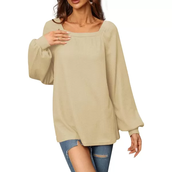 LYANER Women's Casual Square Neck Long Sleeve Waffle Knit Blouses Pullover Sweatshirt