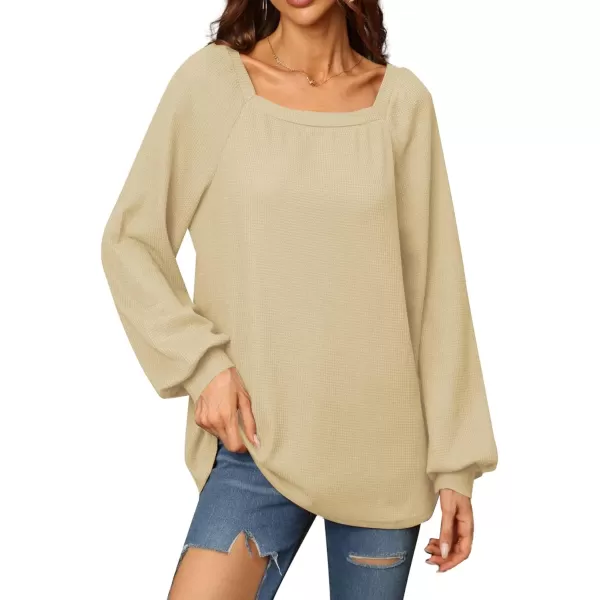 LYANER Women's Casual Square Neck Long Sleeve Waffle Knit Blouses Pullover Sweatshirt