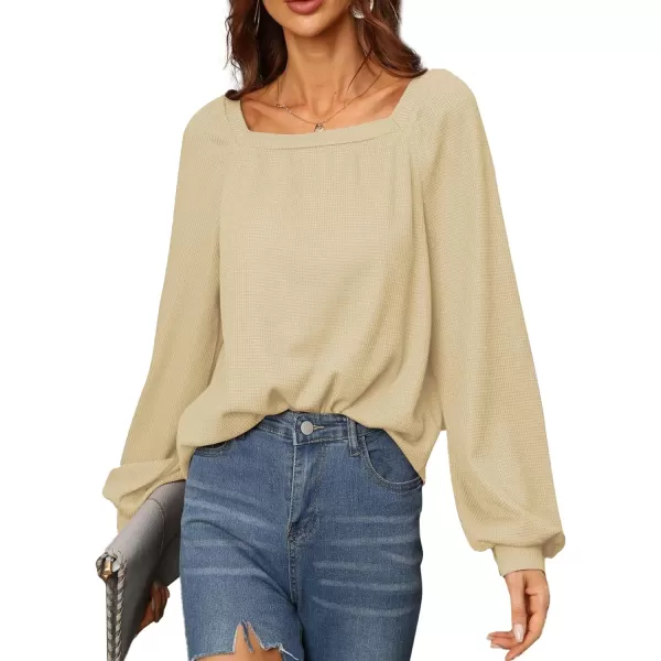 LYANER Women's Casual Square Neck Long Sleeve Waffle Knit Blouses Pullover Sweatshirt