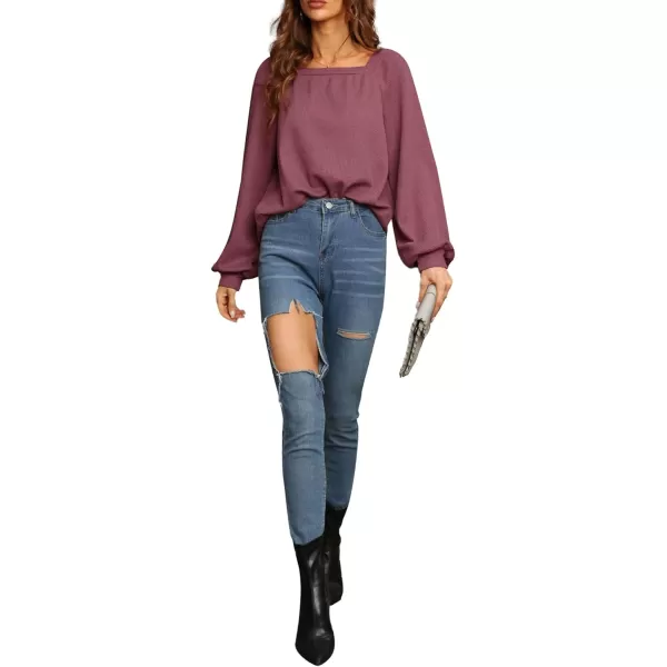 LYANER Women's Casual Square Neck Long Sleeve Waffle Knit Blouses Pullover Sweatshirt