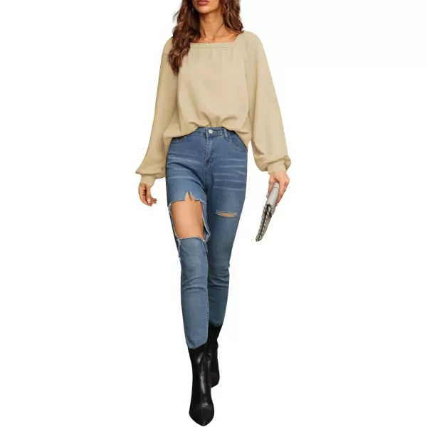 LYANER Women's Casual Square Neck Long Sleeve Waffle Knit Blouses Pullover Sweatshirt